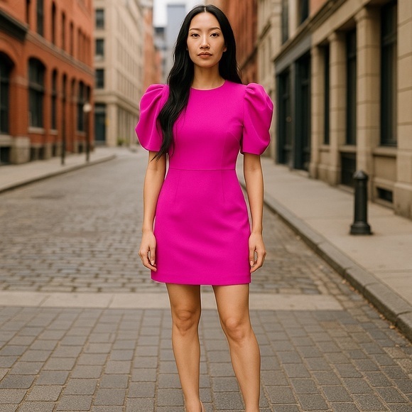TCEC Dresses & Skirts - TCEC Pink Puff Sleeve Crew Neck Mini Dress